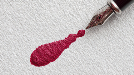 Close up of fountain pen nib with red ink blot on textured paper. creative writing mistake or moment of passionate expression with traditional calligraphy tool