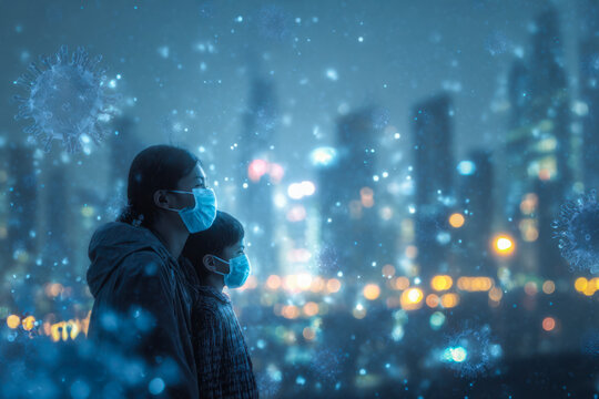 People wearing face masks observing digital virus illustrations against cityscape background - Powered by Adobe