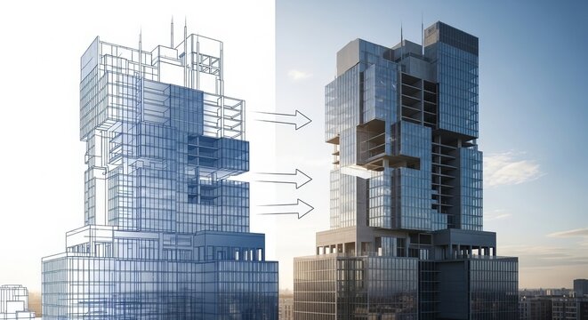 Architectural visualization showing the evolution from blueprint to completed skyscraper