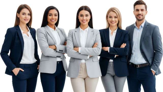 Five diverse business professionals three women and two men stand confidently in suits arms crossed smiling business people