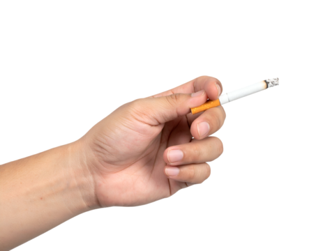 A hand holding a lit cigarette with a visible filter tip and ash, against a simple light gray background.