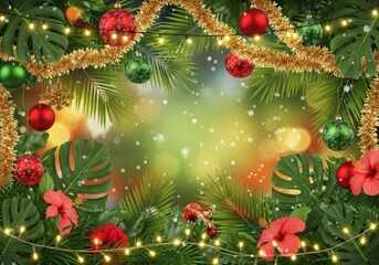 Festive christmas garland with ornaments and twinkling lights