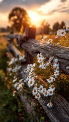 A cluster of delicate white daisies clings to weathered wooden fence posts, bathed in golden sunlight at sunset.