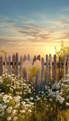 Rustic wooden fence, adorned with a heart-shaped cutout, frames a field of daisies bathed in the warm light of a golden sunrise.