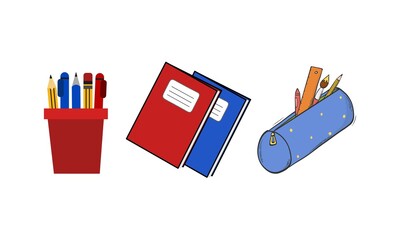 Trendy Colorful Stationery Cup With Pens and Notebooks on White Background Illustration Vector. Modern school stationery illustration featuring pens in cup and notebooks, great for classroom or office