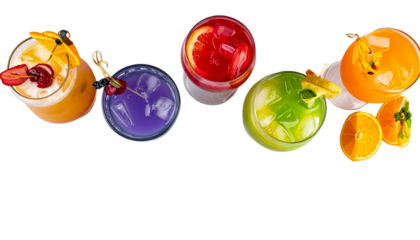 Flat Lay of Mixed Alcoholic Drinks, Colorful Cocktail Variety for Menu Design, Isolated