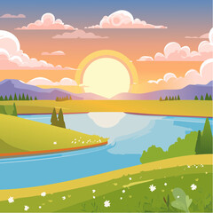 Obraz premium Pixel Art Serene Landscape with Lake Reflection, Setting Sun, Fluffy Clouds, Green Hills, and Trees at Golden Hour in a Flat Style