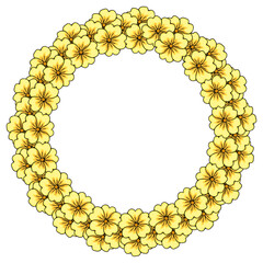 A charming vector illustration of a circular wreath composed of numerous vibrant yellow primrose flowers with dark outlines and subtle shading, creating a delicate and joyful floral frame.