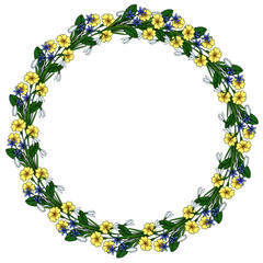 Delicate vector wreath of yellow primroses, blue scilla star-shaped flowers, and white snowdrops with lush green foliage, evoking a fresh spring garden aesthetic.