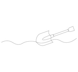 Obraz premium Continuous line of shovel. One line drawing of shovel,white background Continuous single line sketch drawing of shovel used in agricultural and plantation work activities, 
