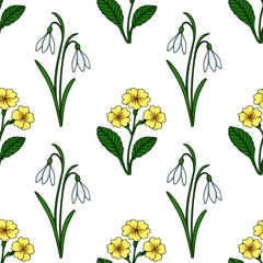 Seamless vector pattern featuring delicate snowdrops and cheerful yellow primroses on a clean white background, evoking a fresh spring garden ambiance.