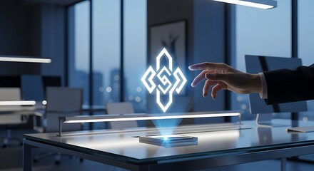 Businessman interacts with glowing holographic data projection in a sleek, modern office space showcasing future technology and innovation.