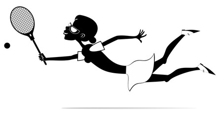 Tennis. Pretty young woman hits the ball while falling. Black and white illustration	