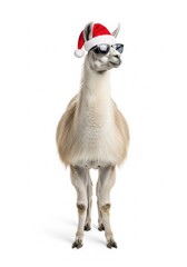 Fototapeta premium Llama wearing Santa Claus hat and sunglasses standing full length ready for Christmas.Isolated white background.