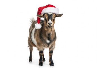 Domestic goat wearing a Santa hat staring directly at the camera on white background.Isolated white background.