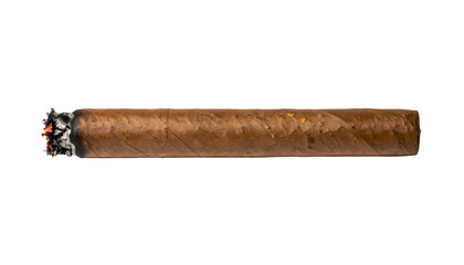 A thick, tightly rolled cigar is lit and smoking, with a glowing end and visible ash, positioned horizontally and isolated on a clean, light gray background.