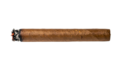 A thick, tightly rolled cigar is lit and smoking, with a glowing end and visible ash, positioned horizontally and isolated on a clean, light gray background.