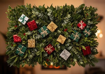Festive holiday wreath adorned with miniature gifts and greenery