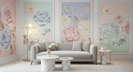 Elegant living room with large floral art and modern sofa