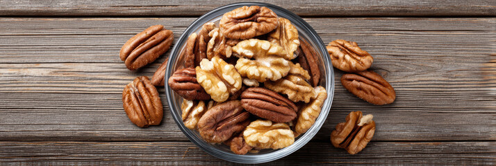 Healthy mix of pecan and walnut nuts in glass bowl on rustic wood table. delicious natural food snack, raw ingredient for healthy diet and good nutrition