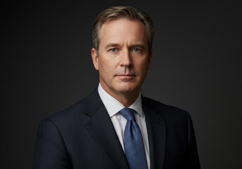 Serious and confident portrait of a mature male executive in a dark suit.