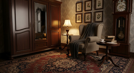 Elegant vintage armchair and grandfather clock in cozy room