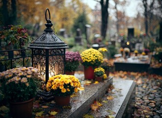 Sacred lantern illuminates delicate flowers adorning an elder's grave in solemn remembrance, a tender tribute to a cherished life in Australia, evoking peace and enduring love.