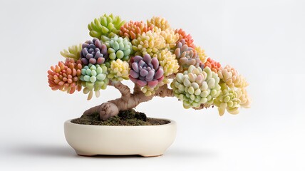 Miniature bonsai tree with vibrant, rainbow-colored succulent leaves in a ceramic pot, isolated on a white background
