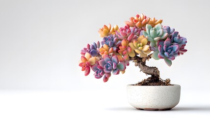 Miniature bonsai tree with vibrant, rainbow-colored succulent leaves in a pot, isolated on a white background
