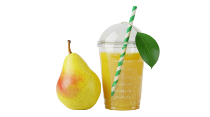 Refreshing Pear Juice in Clear Cup with Straw and Fresh Pear Fruit on Transparent Background for Healthy Lifestyle