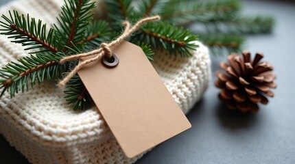 A blank brown tag tied with twine, placed on a knitted fabric with evergreen branches and a pine cone, creating a cozy Christmas scene.