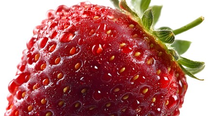 Macro shot of a fresh, ripe strawberry with water droplets, isolated on a white background
