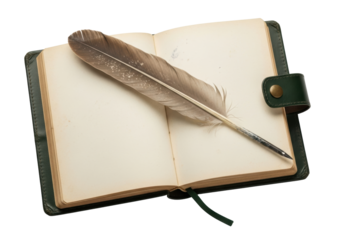 An open, antique, deep forest green leather-bound journal with worn edges and cream deckle-edged pages, beside a brass quill on a transparent background. Concept of personal narrative and creative