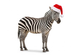 Black and white striped zebra wearing a festive red and white Santa hat.Isolated white background