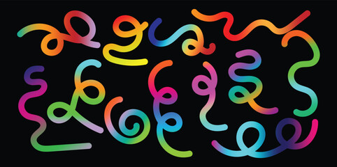 Colorful gradient flow lines set, abstract rainbow wavy shapes and curved elements vector background.