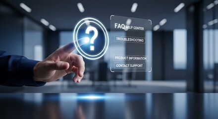 Professional hand interacting with futuristic digital interface for instant customer support and information retrieval in a modern office setting