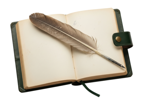 An open, antique, deep forest green leather-bound journal with worn edges and cream deckle-edged pages, beside a brass quill on a transparent background. Concept of personal narrative and creative - Powered by Adobe