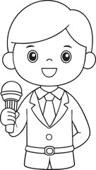 Happy cartoon journalist holding microphone ready for interview reporting news live event broadcast