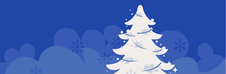 Snow-covered stylized Christmas tree with snowflakes on royal blue winter background