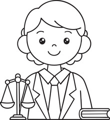 Cute cartoon lawyer with scales of justice and book symbolizing legal profession and fairness