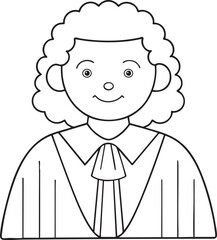 Simple line drawing of a smiling person in a judge's robe and wig for educational use
