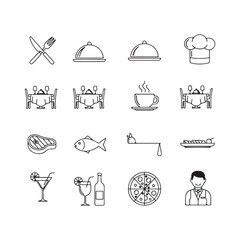 Collection of restaurant and food icons, including cutlery, dishes, chef hat, tables, coffee, steak, fish, pizza, and waiter