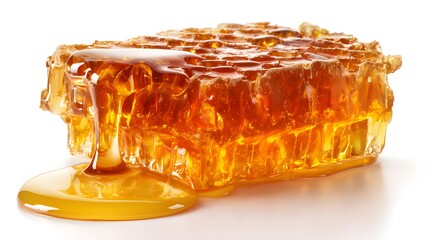 Natural honeycomb with dripping golden honey, isolated on a white background
