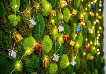 Festive green wall with miniature gifts and twinkling lights