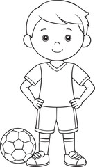 Adorable cartoon football player boy with soccer ball ready for play outline sketch