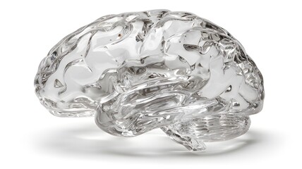 A clear crystal human brain, symbolizing mental clarity, intelligence, and psychology, isolated on a white background
