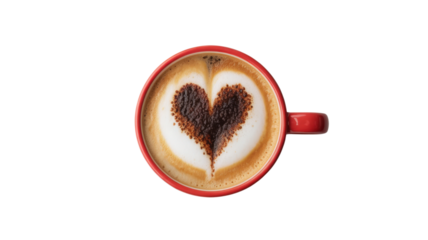 Aromatic Coffee Art A Captivating Top View of Latte with Heart Shaped Foam Design on a Red Cup Against Transparent Backdrop