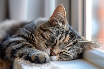 Naklejka premium A Close-up of a sleeping feline resting peacefully on a windowsill with closed eyes