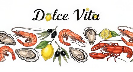 A colorful illustration of seafood featuring lobster, shrimp, oysters, lemons, and black olives