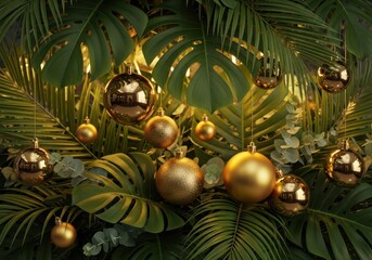 Tropical christmas ornaments adorn lush green foliage